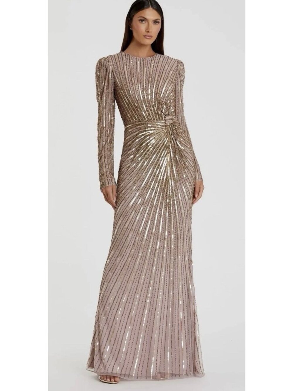 Mac Duggal Dress Gown Womens Size 6 Sequin Beaded Column Long Sleeve 5641 $598